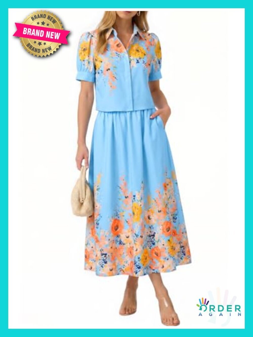 2 Piece Floral Skirt Set Puff Sleeve Blouse Elastic Waist